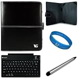 Black Executive Leather Portfolio Carrying Case Cover for Apple iPad (first generation) Model MB292LL/A, MB293LL/A, MB294LL/A (16GB, 32GB, 64GB) + Silver Dual Tip Aluminum Stylus Pen + SumacLife Bluetooth Wireless Keyboard with Micro USB Charging Cable + SumacLife TM Wisdom Courage Wristband