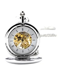 Silvertone Brass Skeleton Pocket Watch Mechanical Hand Wind Roman Numerals Full Hunter Steampunk Look