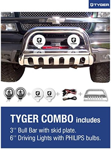 TYGER Combo Fits 04-15 Armada.(The Kit Includes: 3inch Stainless Steel Bumper Grille Guard Bull Light Bar with Skid Plate + 6inch Offroad Driving/Fog Lights with 55W PHILIPS bulbs & Covers & Wiring Harness Kit.)