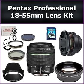 Pentax DA 18-55mm f/3.5-5.6 AL Lens Kit: Includes: 18-55mm Pentax Lens, 0.45X Wide Angle Lens, 2X Telephoto Lens, Lens Cap, Lens Hood, Lens Cap Keeper, 3 Piece Filter Kit (UV-FLD-CPL), 8GB Class 10 SDHC Memory Card and Microfiber Cleaning Cloth