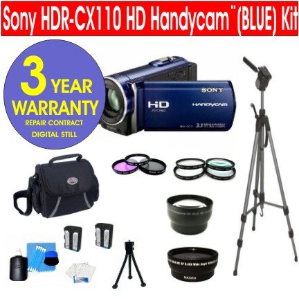 Sony HDR-CX110 HD Handycam&uml; Camcorder BLUE + .45x High Definition Wide Angle Lens + 2.5X Telephoto Zoom Lens + +1, +2, +4, 4 Piece Close Up Macro Kit + 3 Piece Multi-Coated Glass Filter Kit + Extra High Capacity Li-Ion Battery + Deluxe Padded Camcorder Bag + 62