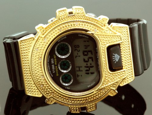 Ice Plus Mens Diamond Shock Style Watch Yellow Case Black Band