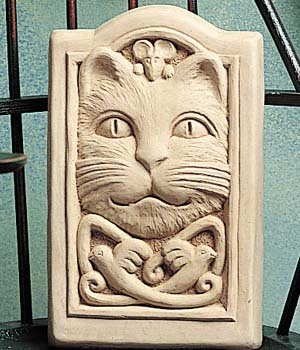 Cast Stone Celtic Kitten Cat, Feline, Mouse Plaque - Concrete Sculpture