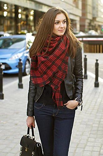 minycoo Women Stylish Soft Plaid Tartan Pashmina Large Scarf Wrap Shawl Blanket (Red+Black Plaid)