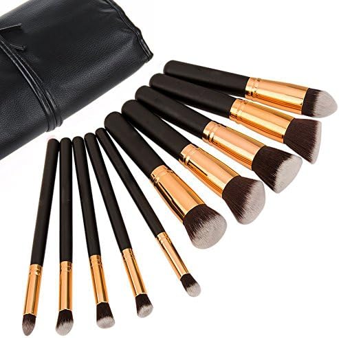 Aisxle Premium Synthetic Kabuki Makeup Brush Set Cosmetics Foundation Blending Blush Eyeliner Face Powder Brush Makeup Brush Kit With Black PU Leather Roll Pouch(10pcs)