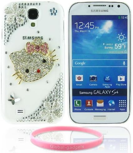 Lovely Pink Crystal Rhinestones Bow Hello Kitty Flower Transparent Back Hard Case Cover for Samsung Galaxy S4 I9500