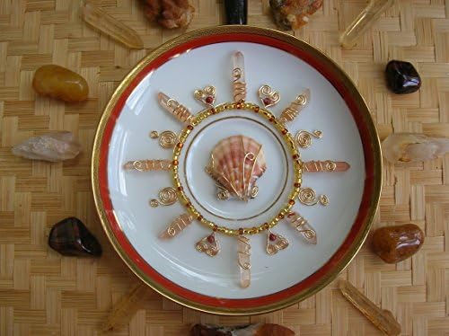 DIVINE FIRE Sacral &amp; Root Chakra Crystal Grid Mandala Tangerine Quartz with Red Jasper Scallop Beach Shell Plate Art