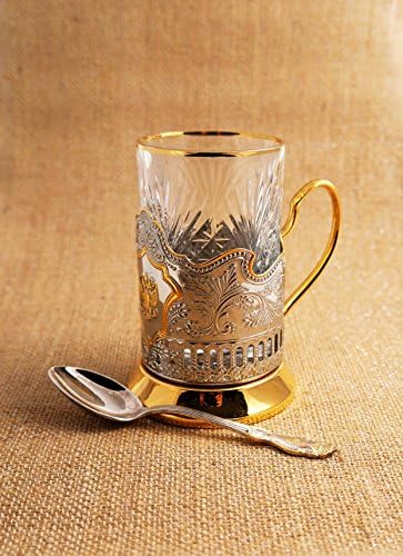 Combination Russian Crystal Hot Tea Glass 8.5 Oz &amp; Metal Glass Holder Podstakannik