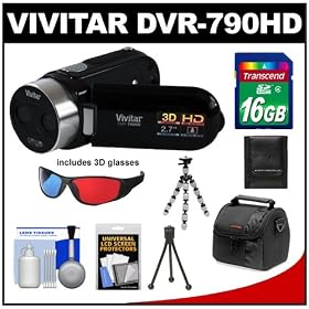 Vivitar DVR-790HD 3D HD Digital Video Camera Camcorder (Black) with 16GB Card + Case + Flex Tripod + Accessory Kit