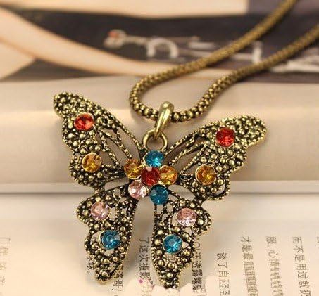 Jade Onlines Antique Vintage Retro Adorable Cute Hollow Jewelry Rhinestone Butterfly Long Necklace Pendant For Sweaters Hoodies