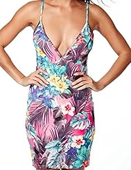 V-neck Silk Sheath Floral Print Short Sleeveless Spaghetti Strap Bodycon Dress/Club Dress/Evening Dress/Party Dress/Midi Dress 