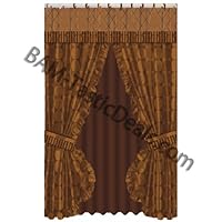 RUST/BROWN PRINTED Fabric Double Swag Shower Curtain with Matching Fabric Covered Shower Rings/Hooks and Vinyl Liner