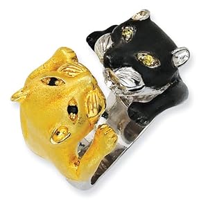 Sterling Silver Gold-plated and Black-plated CZ Twin Cats Ring Size 8 JewelryWeb