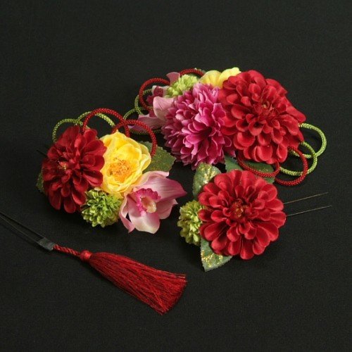 髪飾り　成人式　振袖　七五三着物　卒業袴　ドレスにも使えます　ワインレッド　パープル　4点セット　コーム・ピンタイプ　日本製