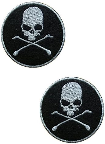2 pieces SKULL &amp; CROSSBONES Iron On Patch Biker Motif Applique Decal dia. 2.4 inches (6.2 cm)