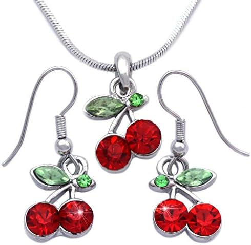 Rose Candy Green Red Cherry Fruit Charm Pendant Necklace Dangle Hook Earrings Jewelry Set