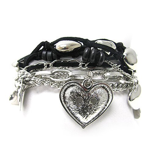 Textured Metal Heart Charm Mixed Wood Tube Suede and Chain Bracelet Fashion Jewelry