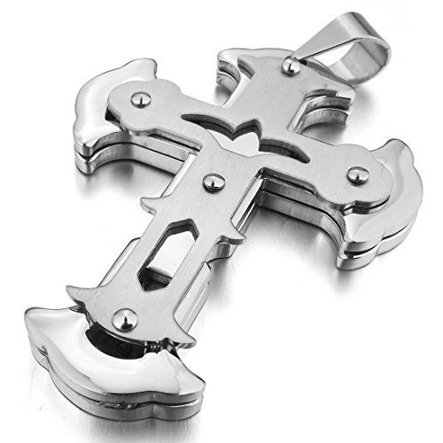 INBLUE Men's Large Stainless Steel Pendant Necklace Heavy Silver Tone Cross -with 23 inch Chain