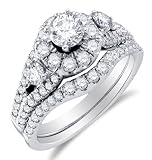 14K White Gold Large Diamond Halo Ladies Bridal Engagement Ring with Matching Curved Notched Wedding Band Two 2 Ring Set - 3 Three Stone Center Setting Shape w Channel Set Round Diamonds 150 cttw - 2 5 ct Center - G - H Color - SI2 Clarity 