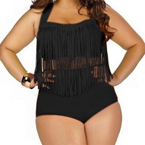 Sexy Women's 2 Pieces Plus Size Bikini with Tassels Swimsuit High-Waist Swimwear BlackLarge Charming