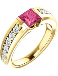 18K Yellow Gold 5.00x5.00mm Princess Cut Pink Tourmaline and Diamond Ring -- LIFETIME WARRANTY