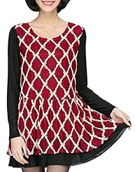 Long Sleeves Lace Peplum Plaid Print Chiffon  Dress