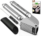 iPerfect Kitchen Stainless Steel Garlic Press, Crusher, Mincer - Including Silicone Tube Peeler, Cleaning Brush & Recipes Ebook