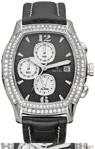 Bulova Crystal Steel Chronograph Black Leather Mens Watch 96B001