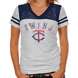 MLB Touch by Alyssa Milano Minnesota Twins Ladies The Coop Football Premium Burnout V-Neck T-Shirt - White-Navy Blue (Small)