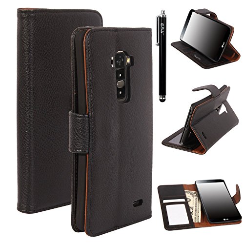 LG G Flex, E LV Deluxe PU Leather Flip Wallet Case Cover for LG G Flex D959 / D950 / LS995 with 1 E LV Stylus and 1 Microfiber Digital Cleaner (Black)