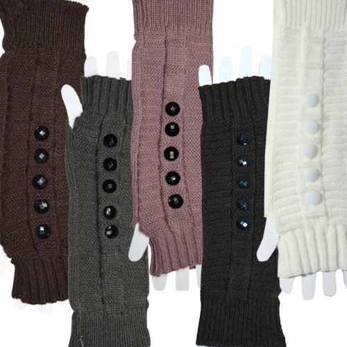 Five Faceted Button Fingerless Fashion Ribbed Knit Soft Acrylic Arm Warmer Gloves