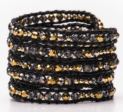 EA Crystal and Gold Vermeil Nugget on Black Leather Wrap Bracelet - 5 Layer Bracelet