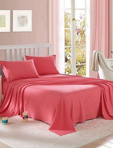 Solid Microfiber Bed Sheet Set, Embroidered, with 14" Deep Pocket , rose , full