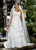 David's Bridal Wedding Dress: Cap Sleeved Satin Side-Draped A-Line Gown Style 9T3090
