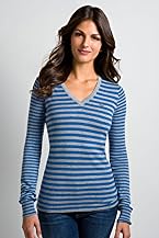 Long Sleeve Cotton Cashmere Bi-Color Striped V-Neck Sweater