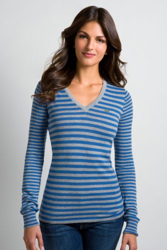 Long Sleeve Cotton Cashmere Bi-Color Striped V-Neck Sweater