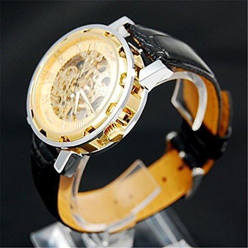 WINNER Men`s Gold Skeleton Dial Mechanical Hand-Wind Leather Strap Watch
