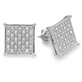 0.25 Carat (ctw) Platinum Plated Sterling Silver Real Diamond Square Shape Mens Ladies Hip Hop Iced 11 mm Stud Earrings 1/4 CT