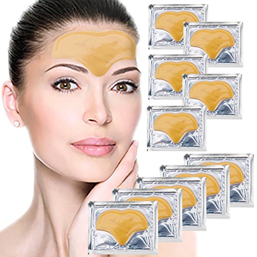 Anti Aging Treatments Set / Kit of 10pcs Forehead 24K Gold / Golden Collagen Gel Crystal Masks / Patches for Wrinkles, Hydration / Moisturizing, Skin Pores Cleansing and Blackheads Removing