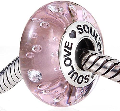 Soulove Effervescence Murano Glass Charm inside Clear Cubic Zirconia Lampwork Beads with 925 Silver Core Fits European Snake Chain Bracelet (Pink)