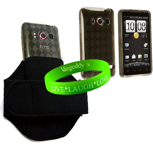 HTC HD2 4g Neoprene Exercise Armband for New 4g HTC Touchscreen Smart Phone Models + TPU Grey Smoke Argyle HTC HD2 4G TPU Silicone Skin + Live * Laugh * Love Vangoddy Wrist Band!!!