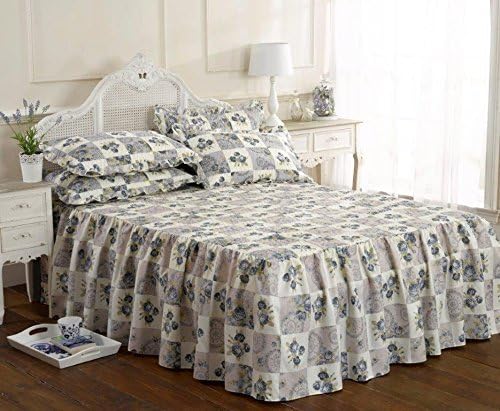 Vintage traditional luxurious summer single bed quilted set frilled fitted bedspread set alston cream blue floral rose patchwork print by HOME-EXPRESSIONS