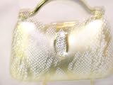 Pk3.1, Imported Genuine Sterling Silver Plated Imitation Snakeskin Evening Handbag for Women and Teens Trimmed with Exquisite Pearls and Crystals
