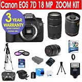 Canon EOS 7D 18 MP Digital SLR Camera Body with Canon EF-S 18-55mm IS Lens + Canon 75-300mm f/4-5.6 Telephoto Zoom Lens + Rokinon 500mm F/8 Lens with 2x Converter (=1000mm) + 16 GB Memory Card + Multi-Coated UV Filter (2) + Multi-Coated Polarizer Filter + Digital Slave Flash + 50 Titanium Anodized Tripod + Deluxe Camera Bag + 6 Piece Accessory Kit + 3 Year Warranty Repair Contract