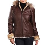 Jessie G. Women's Faux Shearling Trim Crop Lambskin Leather Hooded Jacket