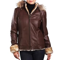 Jessie G. Women's Faux Shearling Trim Crop Lambskin Leather Hooded Jacket