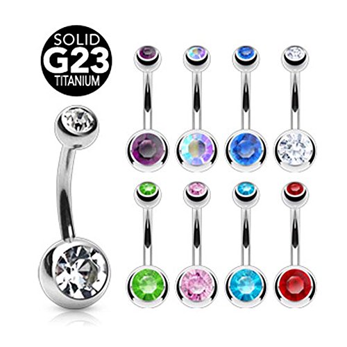 Grade 23 Solid Titanium Double Gem Ball Navel Belly Button Ring (Sold Individually) - 14 GA 3/8