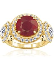 18K Yellow Gold Round Cut Ruby Ring With Sidestones