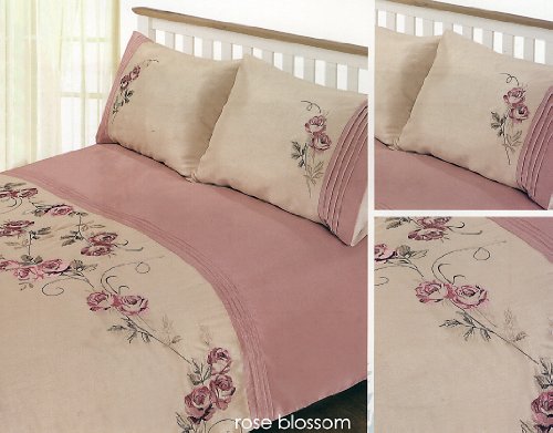 Double Bed Luxury Embroidered Floral Duvet Cover Set Rose Blossom Pink & Cream