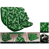 A Set of 8 Piece Hawaiian Floral Print Seat Cover Set - 2 Hibiscus Green Low Back Front Bucket Seat Cover, 2 Hibiscus Green Separate Headrest Cover, 1 Hibiscus Green Bench, 1 Hibiscus Green Steering Wheel Cover, and 2 Hibiscus Green Shoulder Pad